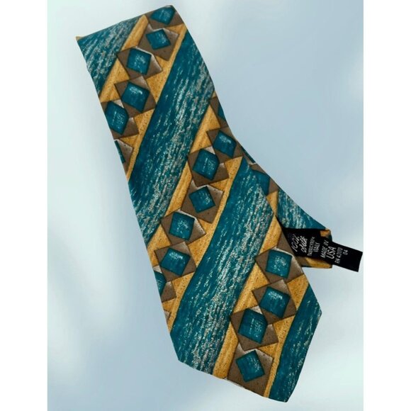 Geoffrey Beene Mens Necktie Aqua Blue Beige Abstract Geometric Silk Neck Tie USA - Picture 1 of 4